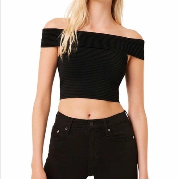 French Connection Odelia Off Shoulder Crop‎ Top, Black, Size Medium, NWT - Picture 1 of 15